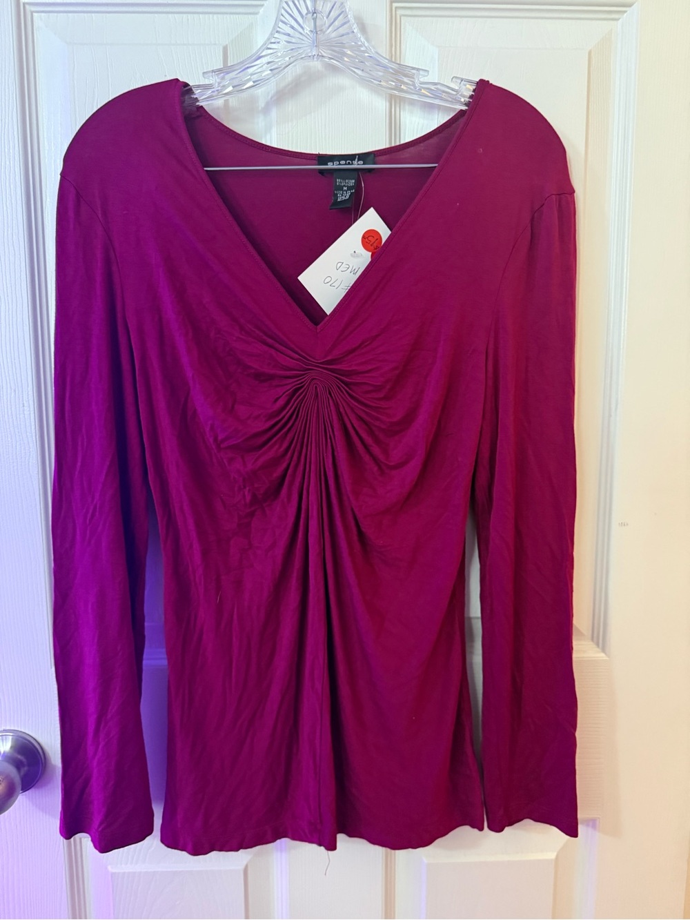 Spense Women's Ruched V-Neck Long Sleeve Top - Magenta